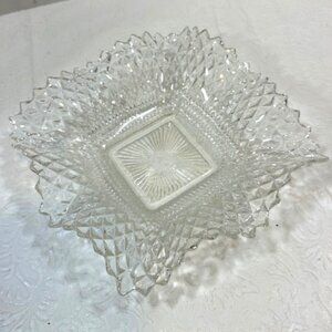 VTG Depression Cut Clear Glass Square Ruffled Edge Candy Serving Dish Diamond